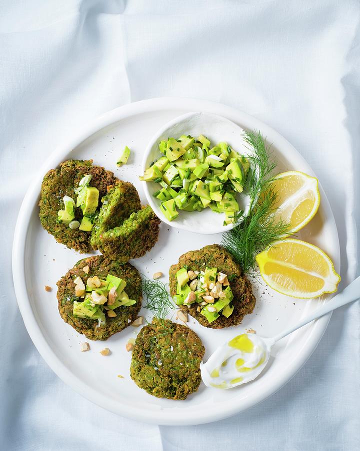 Courgette Fritters With An Avocado Salsa And A Coconut Dip Photograph by Great Stock!