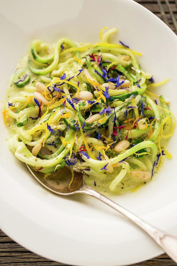 Courgette Noodles In A Goat's Cheese And Lemon Sauce With Pine Nuts And