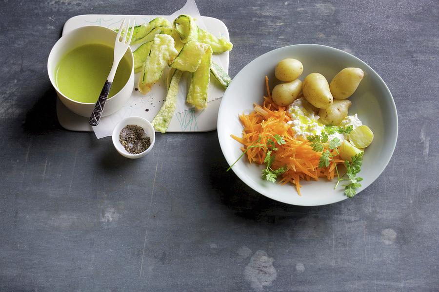 Courgette Tempura With Wasabi Mayonnaise, And New Potatoes With Raw Carrots Photograph by Fotos Mit Geschmack Jalag
