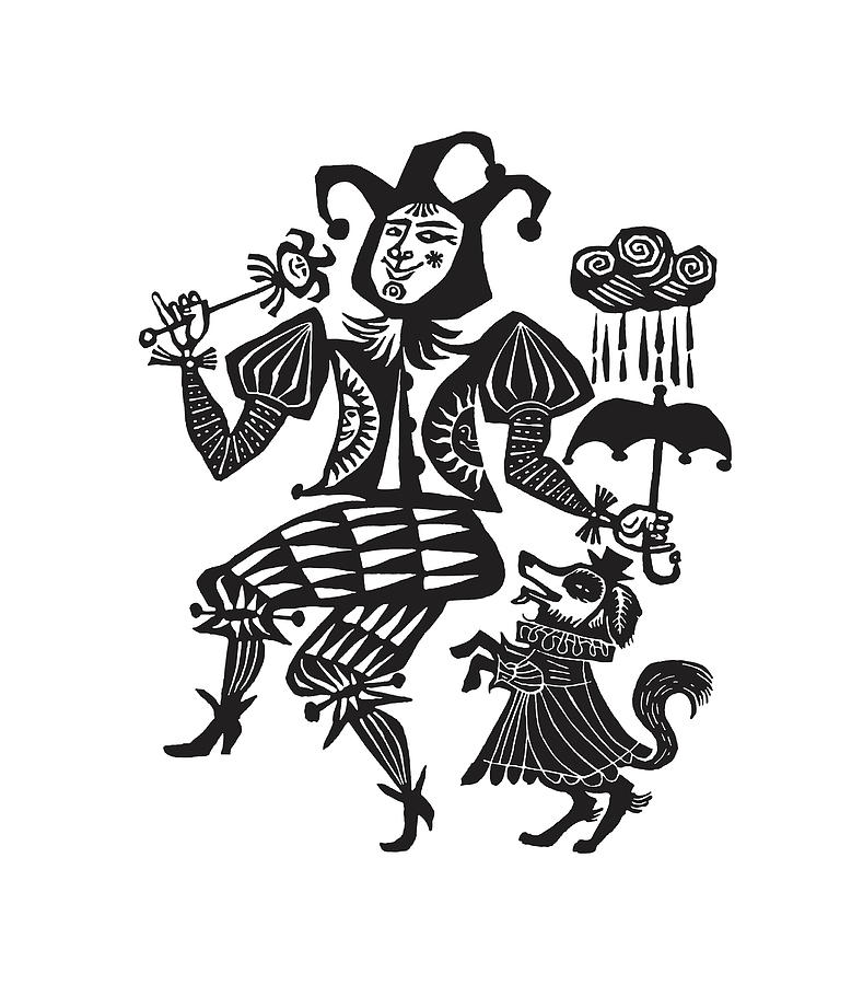 Black And White Drawing - Court Jester and Dog by CSA Images