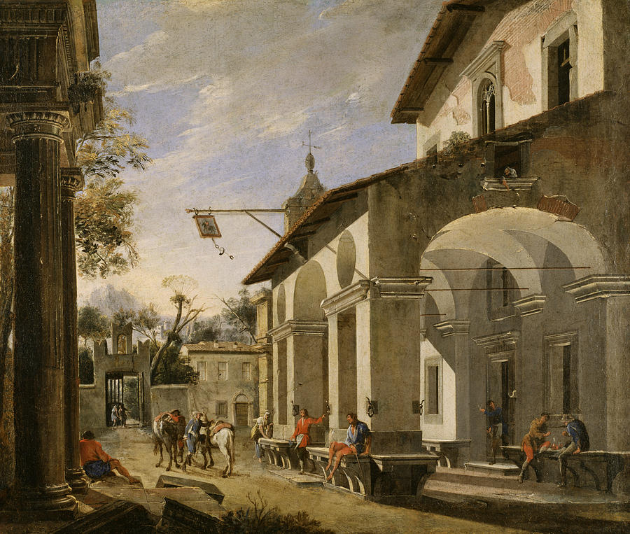 Courtyard of an Inn with Classical Ruins Painting by Viviano Codazzi
