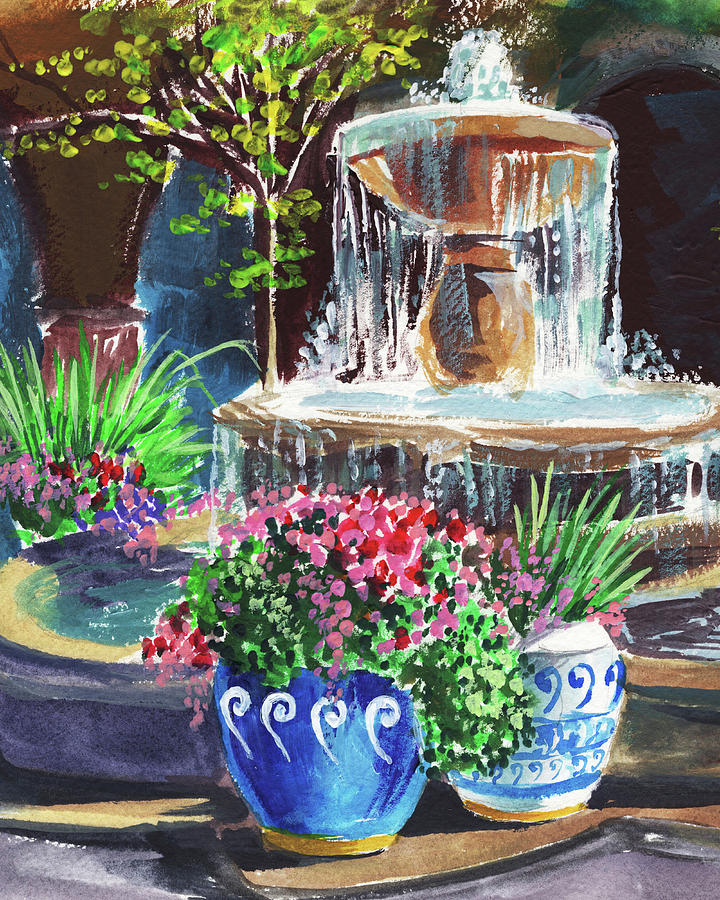 Impressionism Painting - Courtyard With Fountain Landscape   by Irina Sztukowski