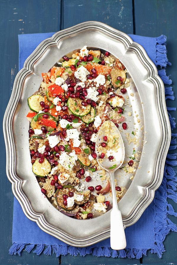 Couscous Salad With Grilled Vegetables courgette, Aubergine, Pepper, Onion, Feta Cheese And Pomegranate Seeds Photograph by Rua Castilho