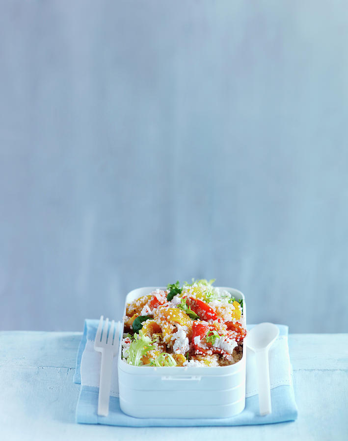 Couscous Salad With Peppers And Feta In A Lunch Box Photograph by Karen