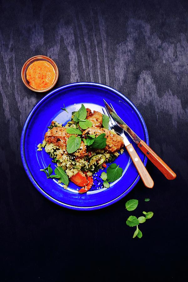 Couscous Salad With Peppers, Carrots, Zucchini, Mint, Teriyaki Chicken And Sesame, With Ajvar Photograph by Elli Briest