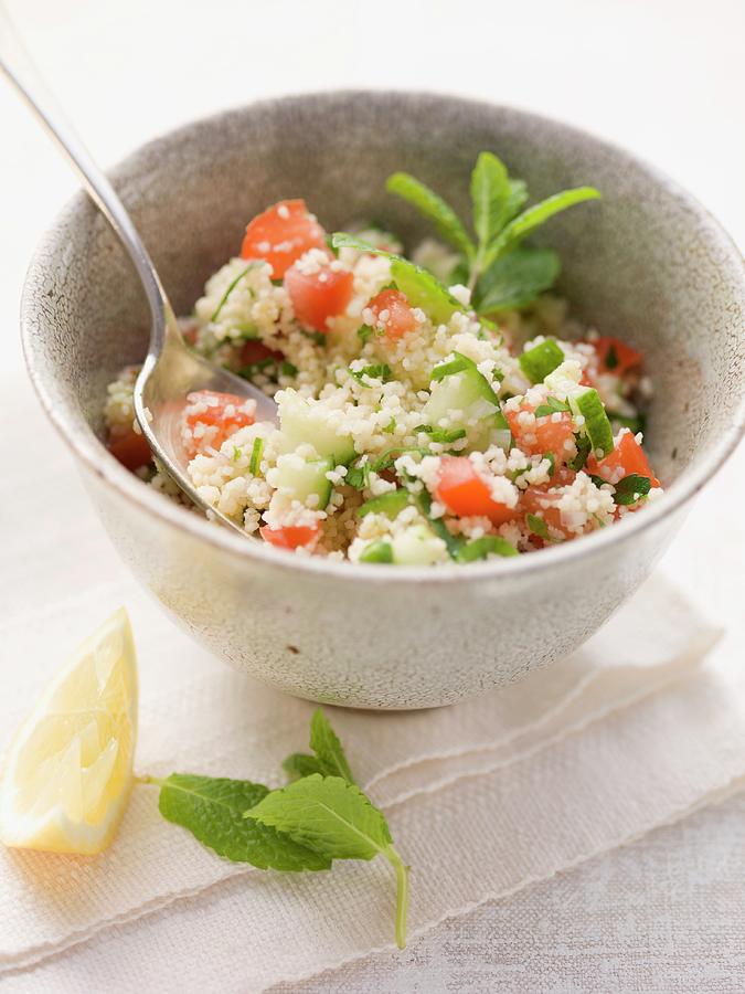 Couscous Salad With Tomatoes, Cucumbers And Mint Photograph by Eising Studio - Food Photo & Video