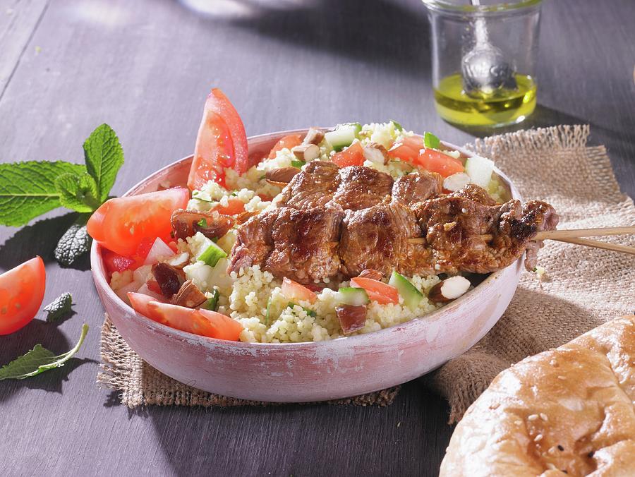Couscous Tabbouleh With Meat Kebabs And Pitta Bread Photograph by Barbara Lutterbeck