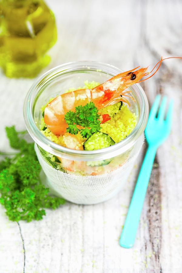 Couscous With A Prawn And Courgette In A Glass Jar Photograph by Claudia Gargioni