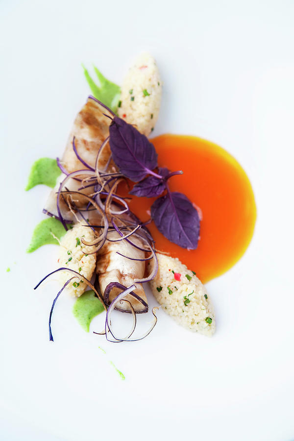 Couscous With Aubergine Rolls And Pepper Coulis Photograph by Michael Wissing