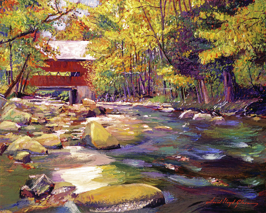 Covered Bridge In Vermont Autumn Painting by David Lloyd Glover