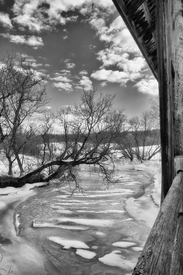 Winter In New England Photograph - Covered Bridge Snow Scene in Black And White by Joann Vitali