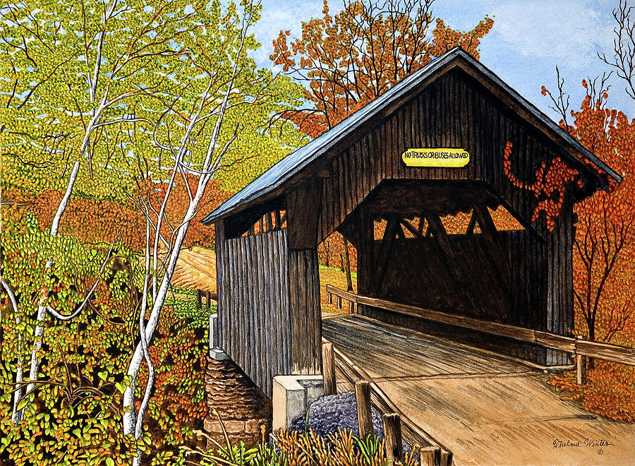 Fall Painting - Covered Bridge Waterbury Vt by Thelma Winter