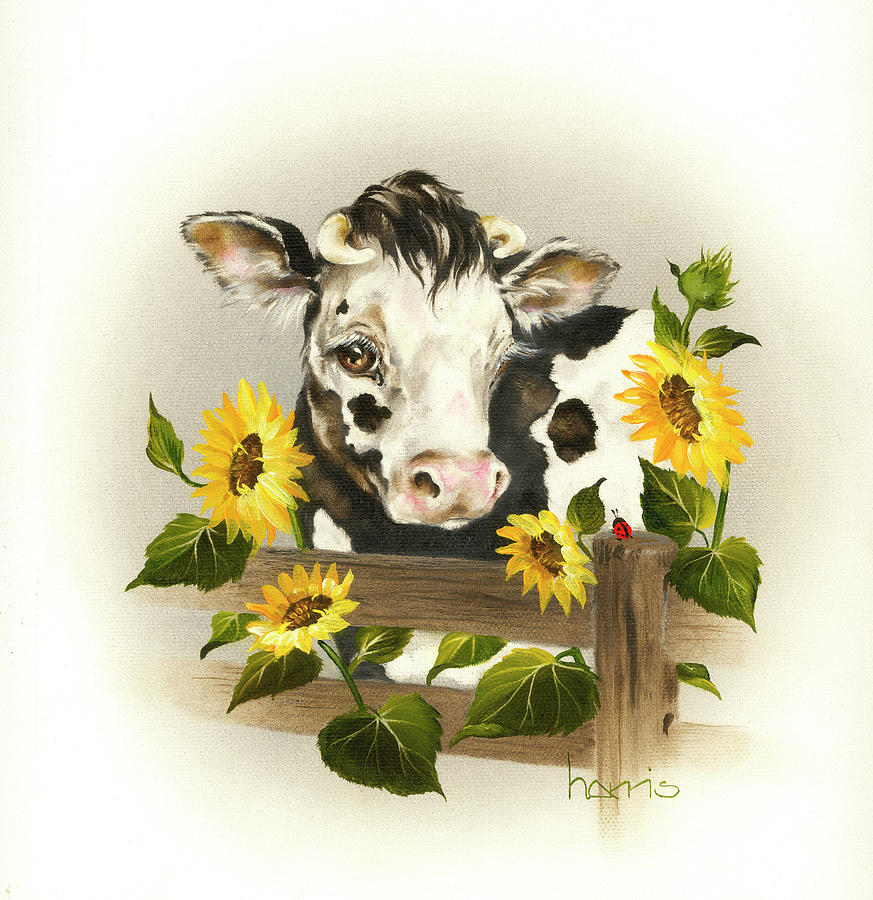 Cow & Sunflowers Painting by Peggy Harris