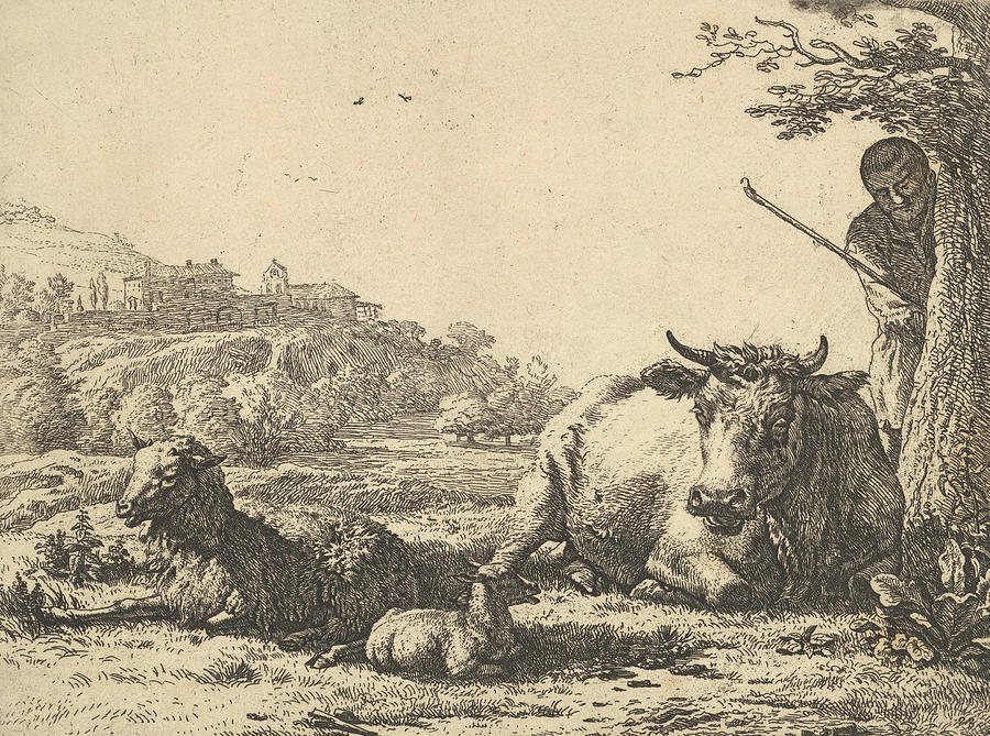 Cow, Adult Sheep, and Young Sheep Lying in the Grass Relief by Karel Dujardin