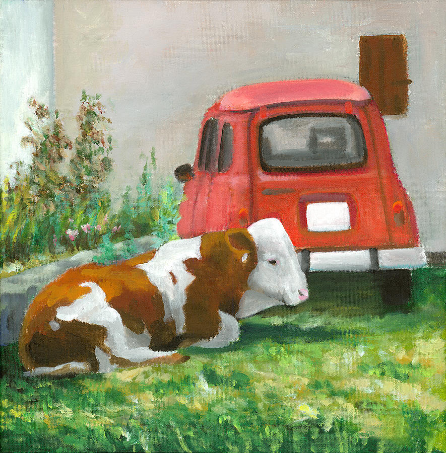 Cow and Car Painting by Joe Maracic