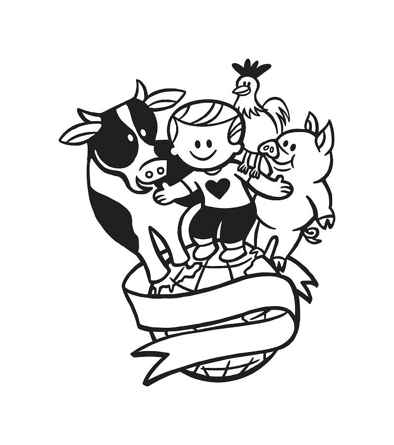 Black And White Drawing - Cow Boy Chicken Pig on the World Banner by CSA Images