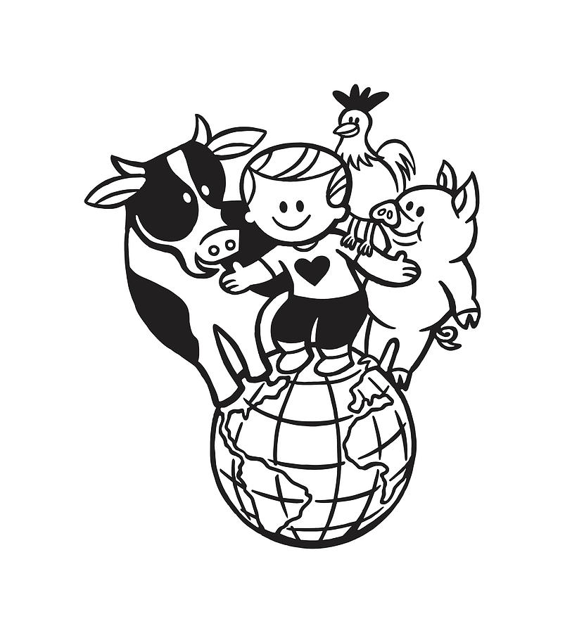 Black And White Drawing - Cow Boy Chicken Pig on the World by CSA Images