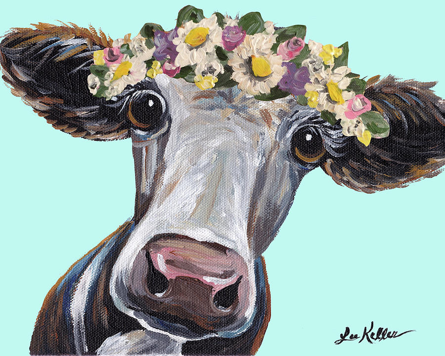 Cow Cora Flower Crown Blue Painting by Hippie Hound Studios