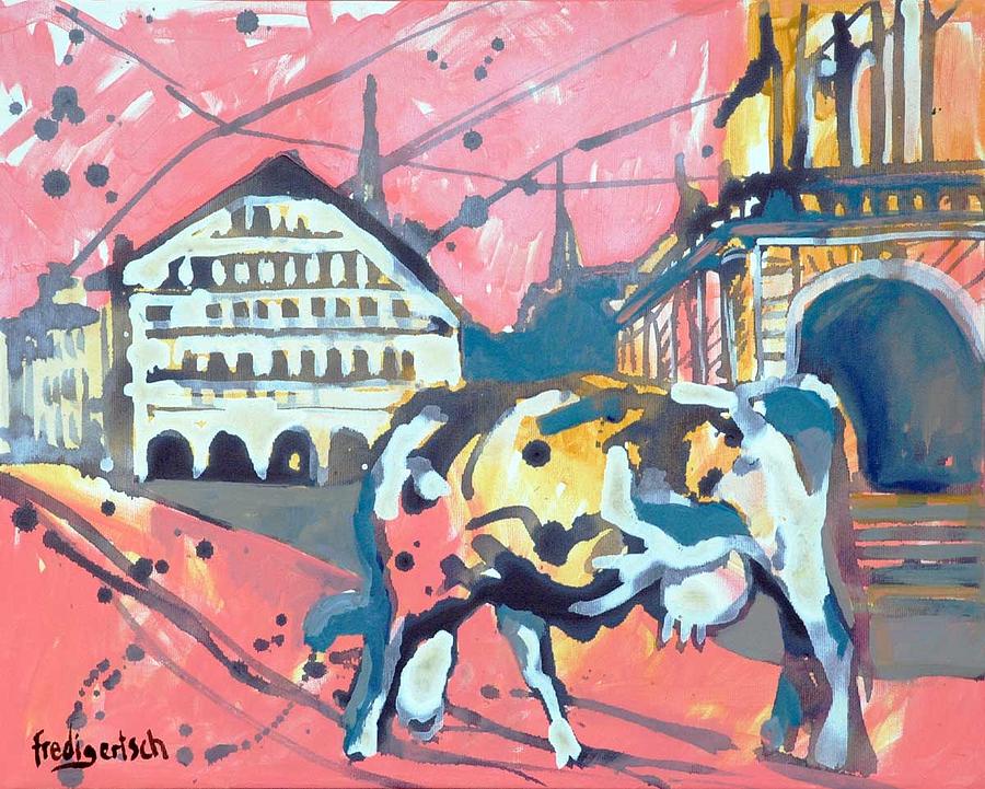 Cow in the city Painting by Fredi Gertsch