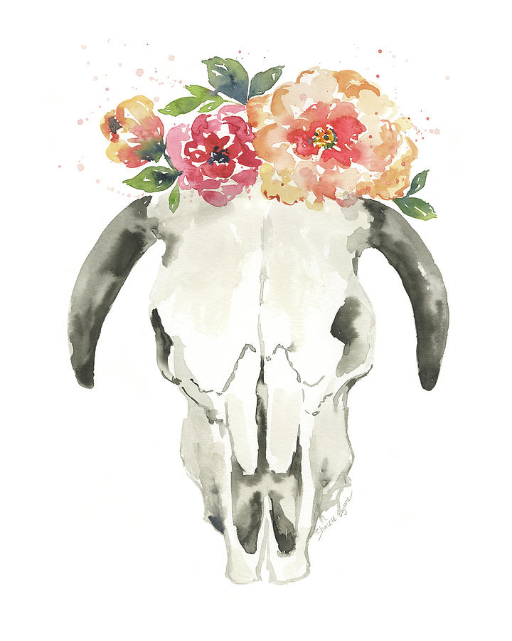 Flower Painting - Cow Skull and Flowers by Shalece Elynne