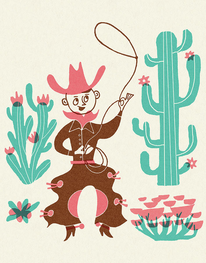 Vintage Drawing - Cowboy and Cactus by CSA Images