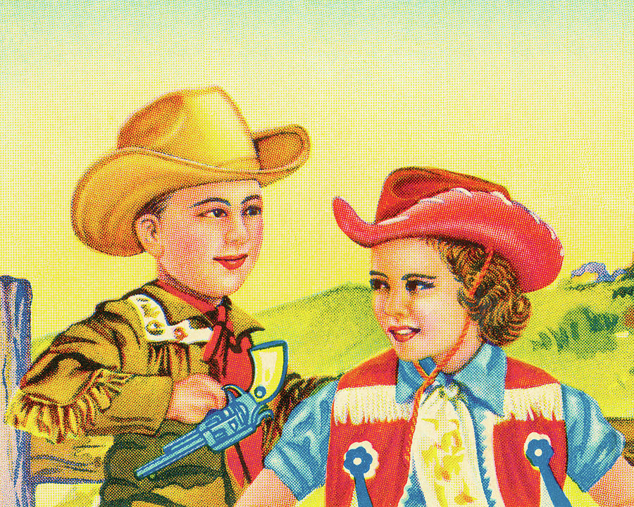 Vintage Drawing - Cowboy and Cowgirl by CSA Images