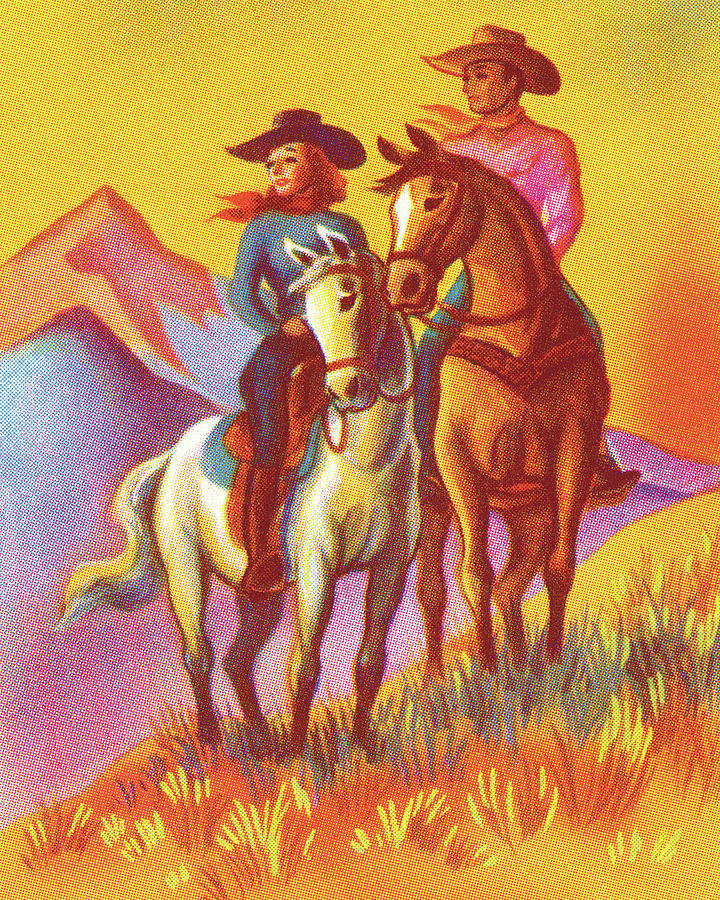 Vintage Drawing - Cowboy and Cowgirl Riding Horses by CSA Images