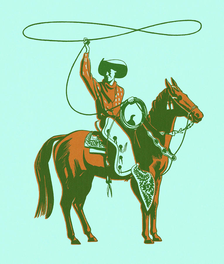 Vintage Drawing - Cowboy on Horseback Twirling a Lasso by CSA Images