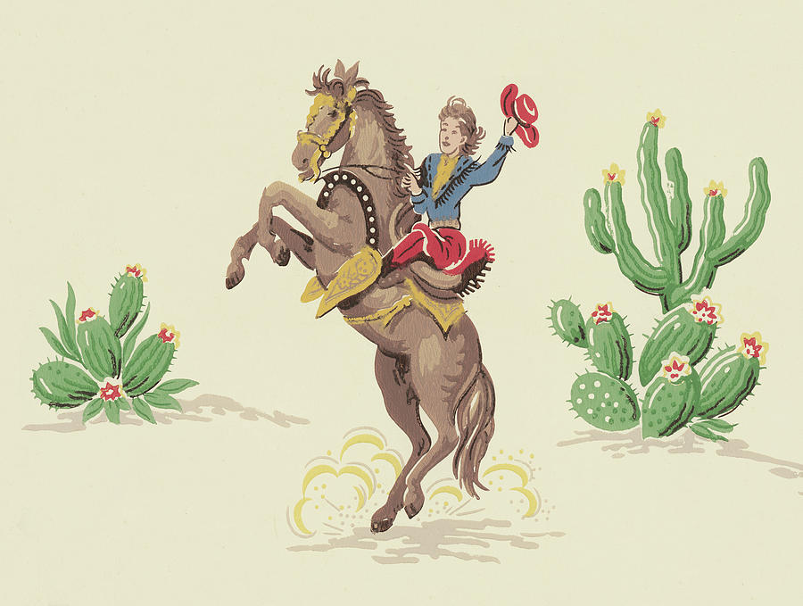 Vintage Drawing - Cowboy on Rearing Horse by CSA Images