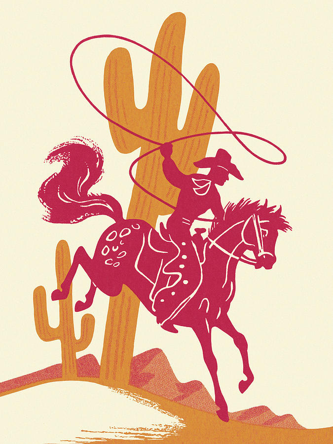 Vintage Drawing - Cowboy Riding a Horse in the Desert by CSA Images