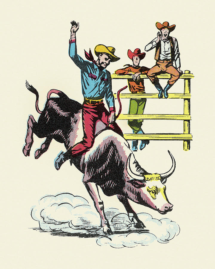 Vintage Drawing - Cowboy Riding Bucking Steer by CSA Images