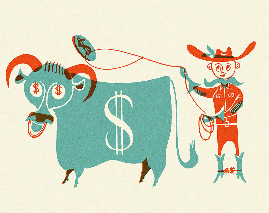 Vintage Drawing - Cowboy Throwing a Lasso Toward a Cash Cow by CSA Images