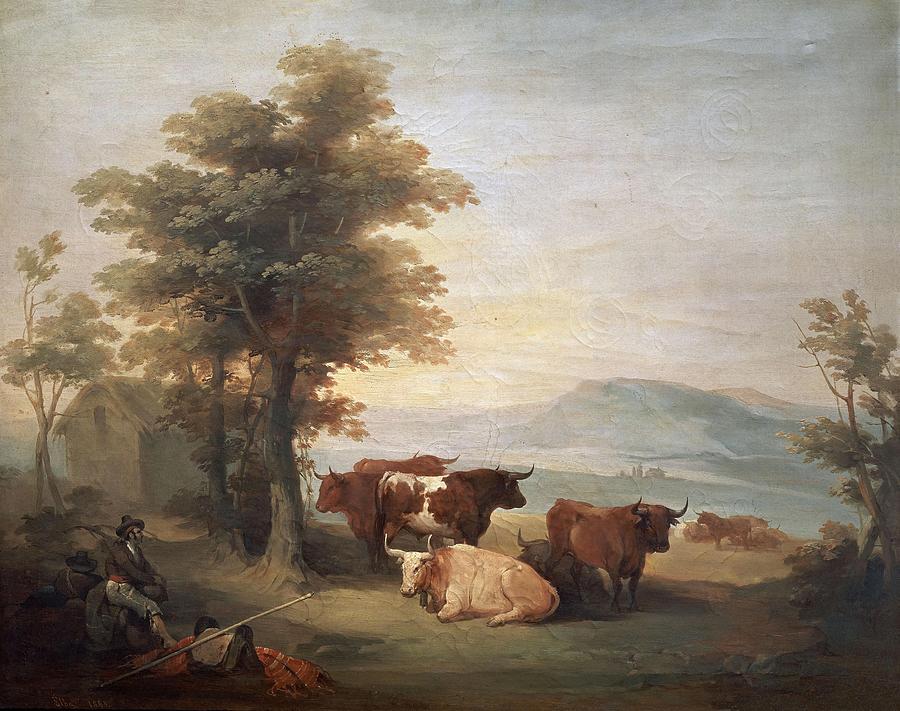 Cowboy with Cattle, 1843, Oil on canvas, 64,5 x 81 cm, CE0042. Painting by Jose Elbo -1804-1844-