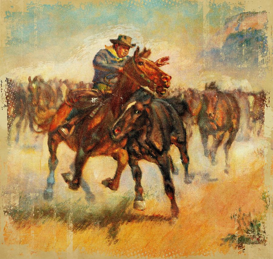 Cowboy With Horses Drawing by Harold Von Schmidt