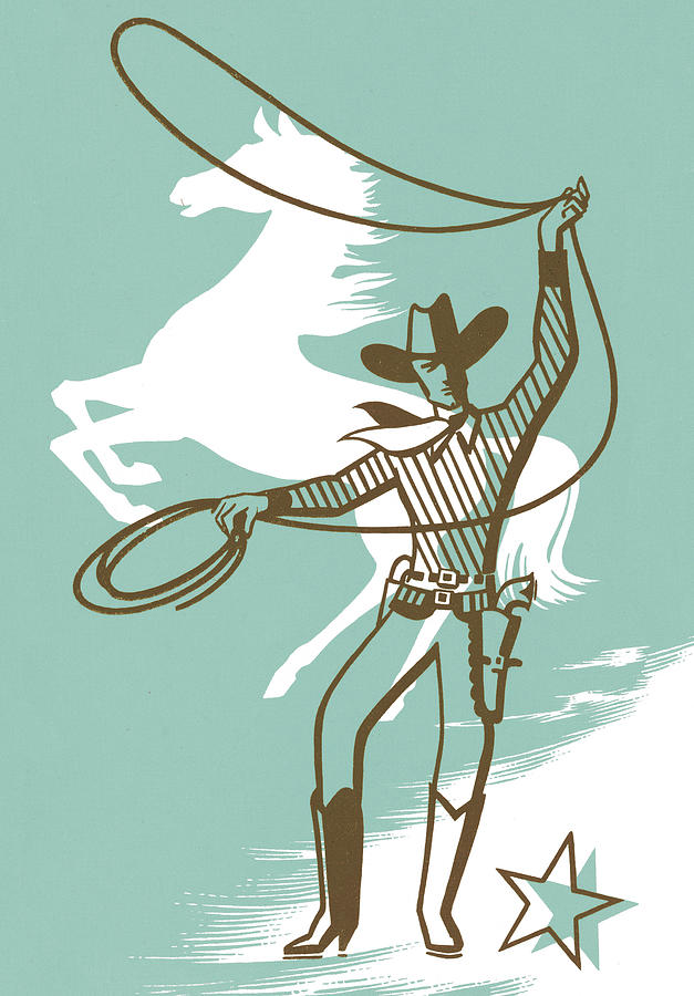 Vintage Drawing - Cowboy With Lasso & Horse by CSA Images