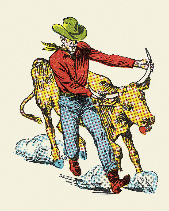 Vintage Drawing - Cowboy Wrestling a Steer by CSA Images