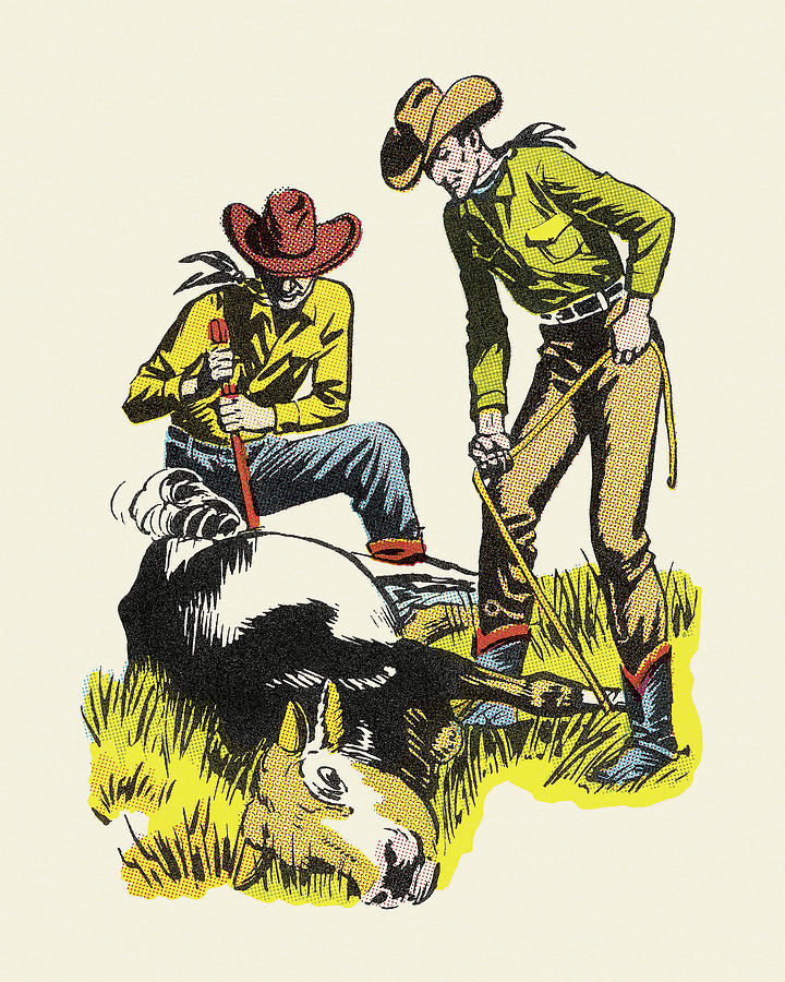 Vintage Drawing - Cowboys Branding a Steer by CSA Images