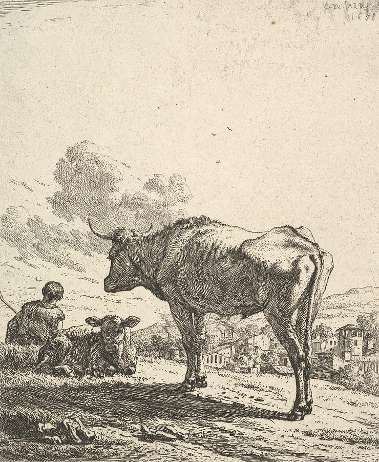Cowherd with cow and calf on a hillside Relief by Karel Dujardin