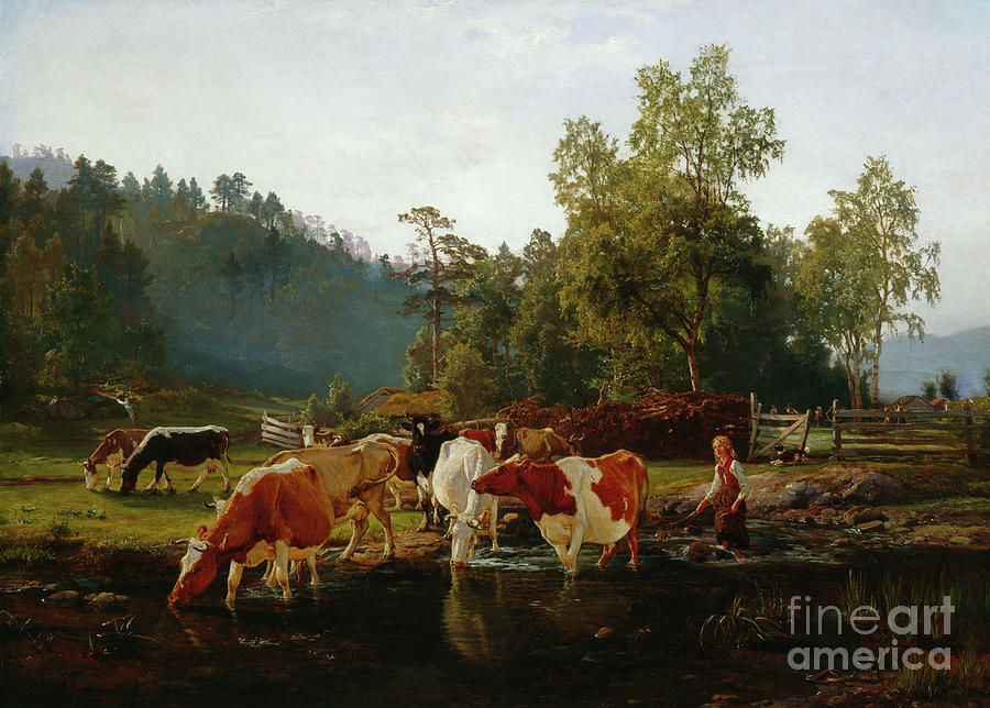 Cows By The River, 1862 Painting by Anders Askevold