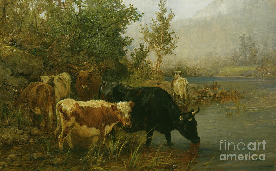 Cows By The Water, 1880 Painting by Anders Askevold