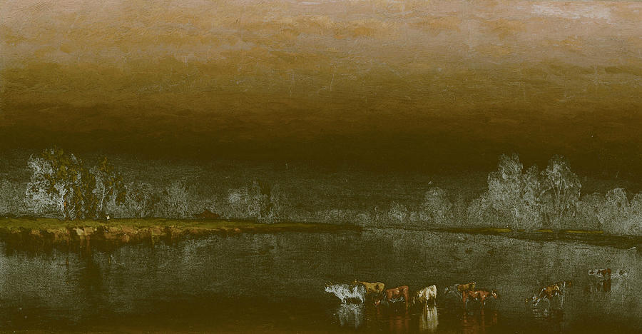 Cows in a Pond at Sunset Painting by Sanford Robinson Gifford