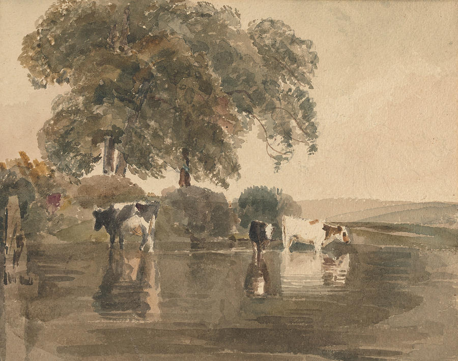 Cows in a Pool Drawing by Peter De Wint