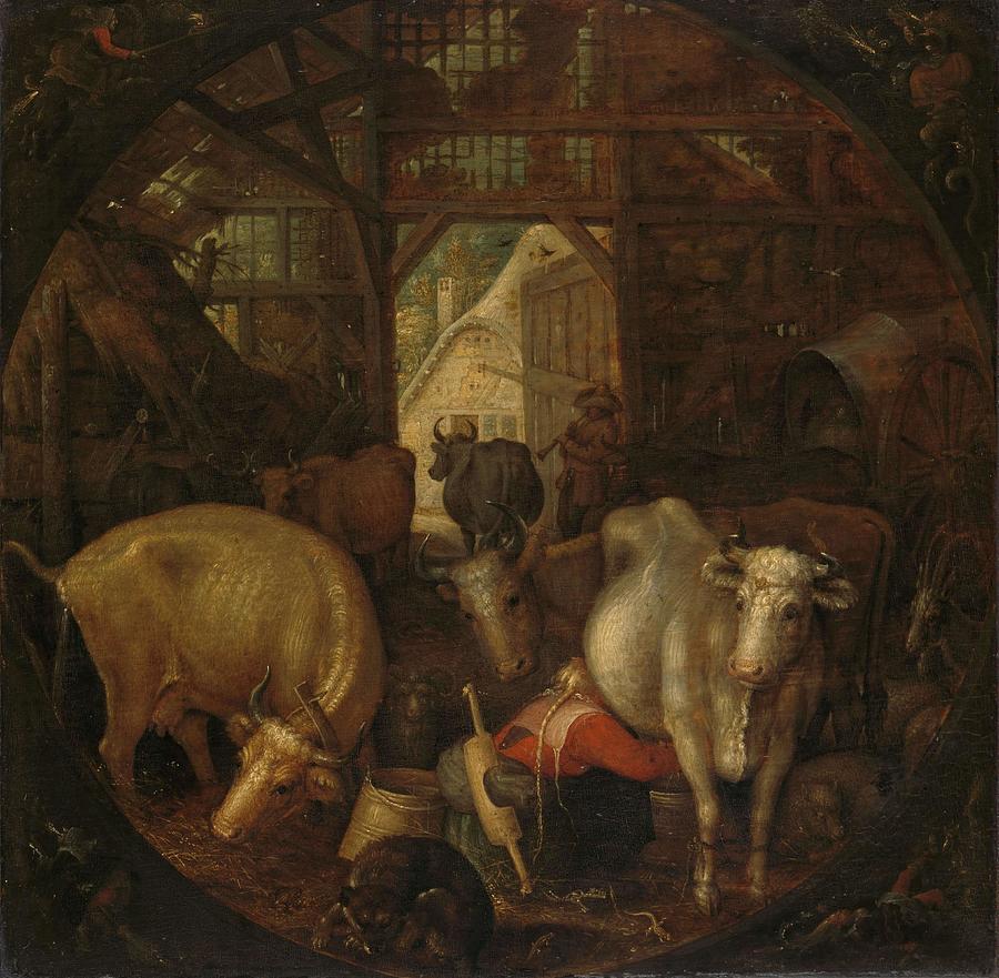 Cows in a stable, witches in the four corners. Painting by Roelant Savery Cows in a stable, witches in the four corners. Painting by Roelant Savery