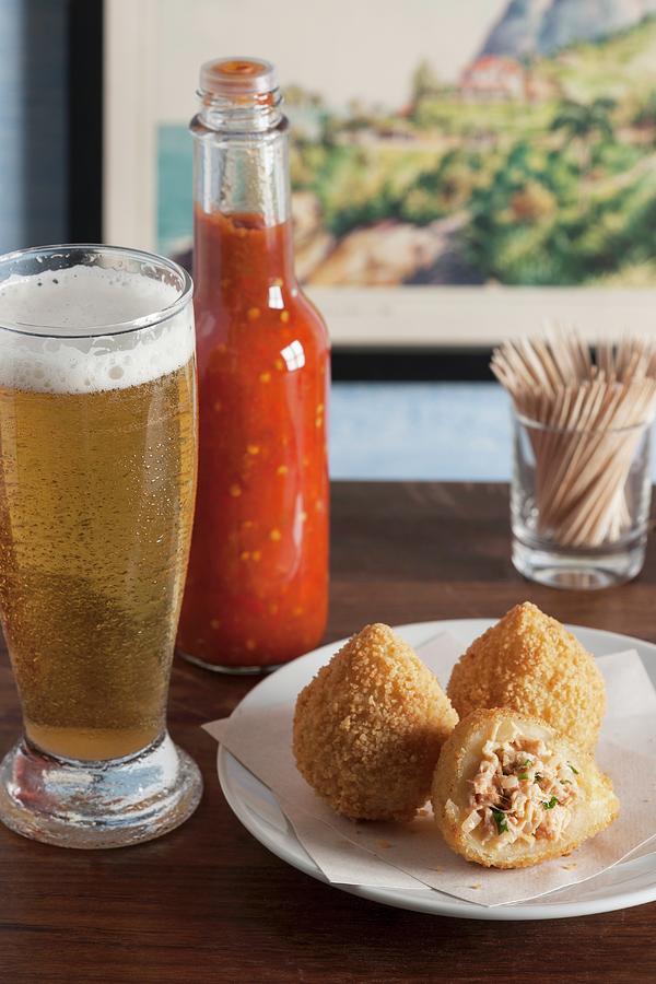 Coxinhas fried Chicken Croquettes, Brazil With A Spicy Sauce And A ...