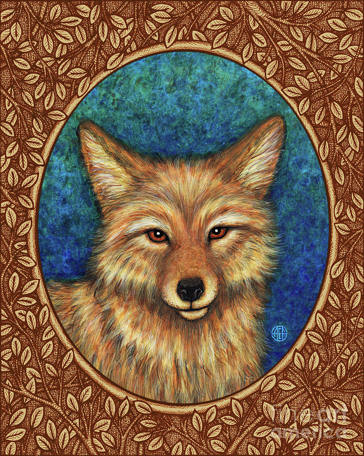 Coyote Portrait - Brown Border Painting by Amy E Fraser