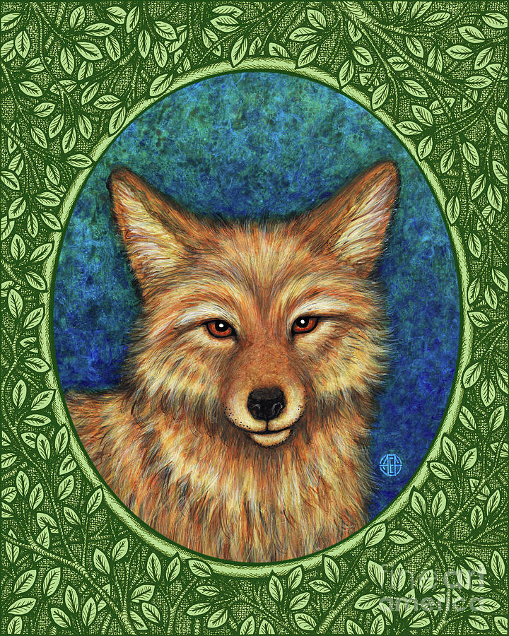 Coyote Portrait - Green Border Painting by Amy E Fraser