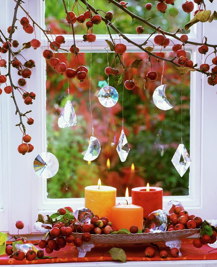 Crab Apples, Crystal Drops And Candles At Window Photograph by Friedrich Strauss