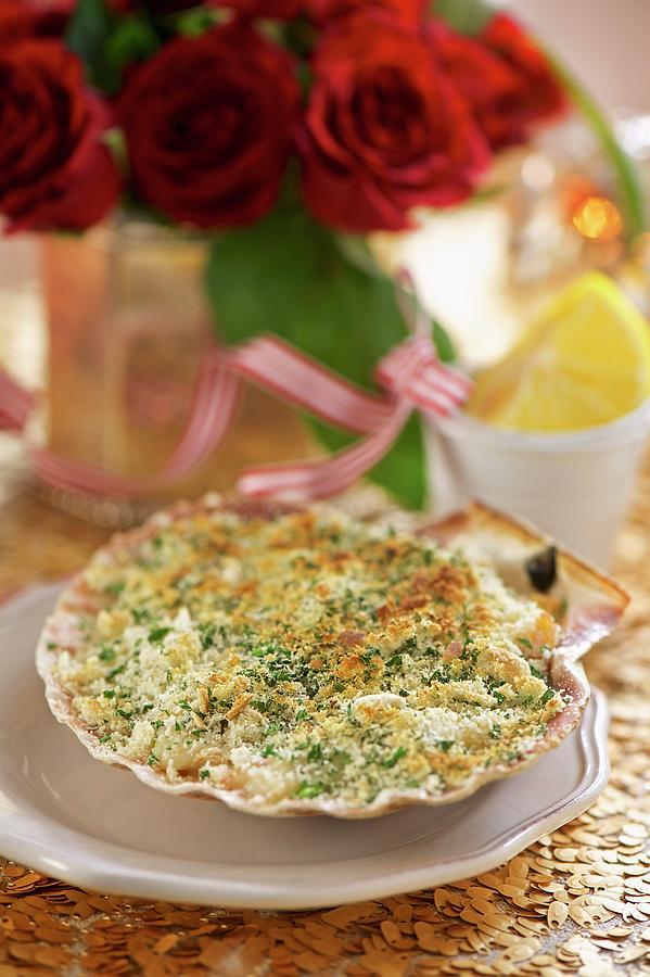 Crab Gratin Served In A Shell With A Herb Crust Photograph by Winfried Heinze