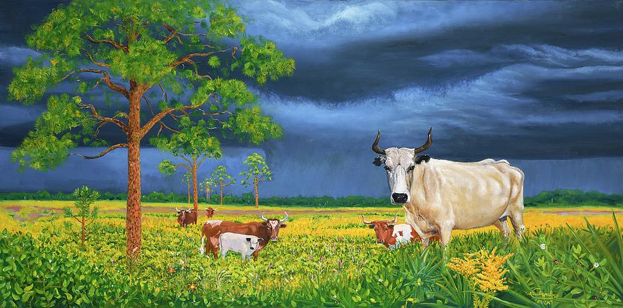 Cracker Cows in Fall Blooms Painting by William Dickgraber