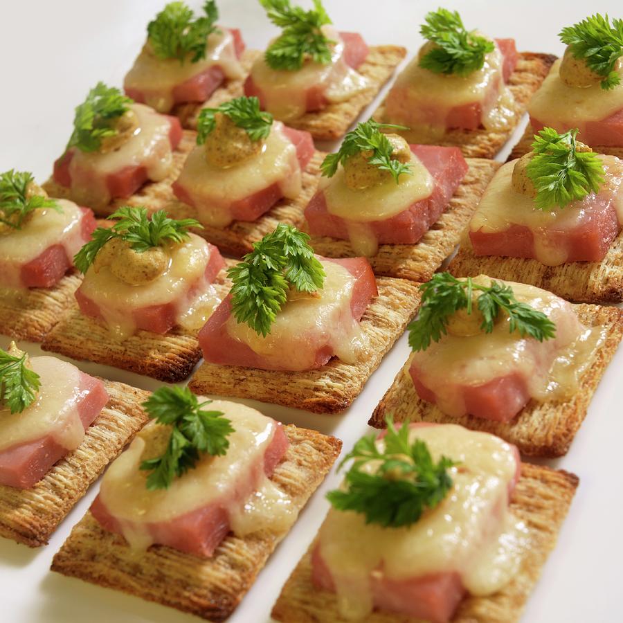 Cheese Photograph - Crackers With Ham, Swiss Cheese, Mustard And Chervil by Paul Poplis